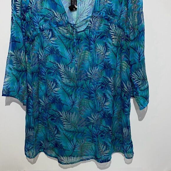 Club Z Collection Women's Blue Gold Tropical 3/4 Sleeve Swim Cover-Up Medium NWT - Picture 2 of 8